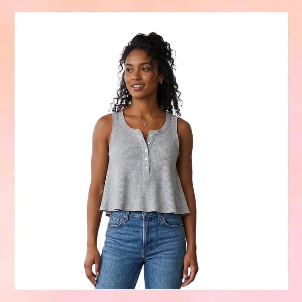 Aerie Heather Grey Ribbed Henley Tank Top - Large - Soft Cropped Sleep Top